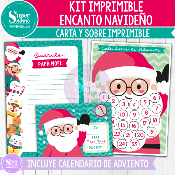 Producto - KIT IMPRIMIBLE ENCANTO NAVIDEÑO CARTA Y SOBRE + CALENDARIO DE ADVIENTO