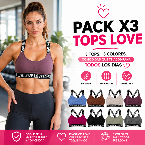 Pack x3 Tops LOVE Mujer Doble Tela + Elástico Línea Ellabella