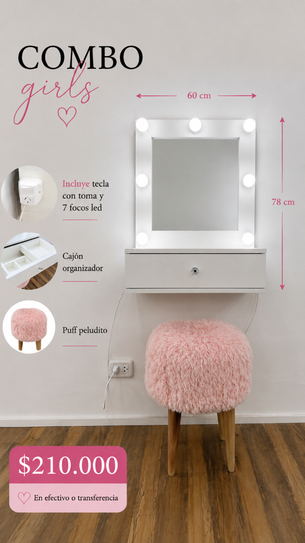 Producto - Espejo L flotante con puff peludito