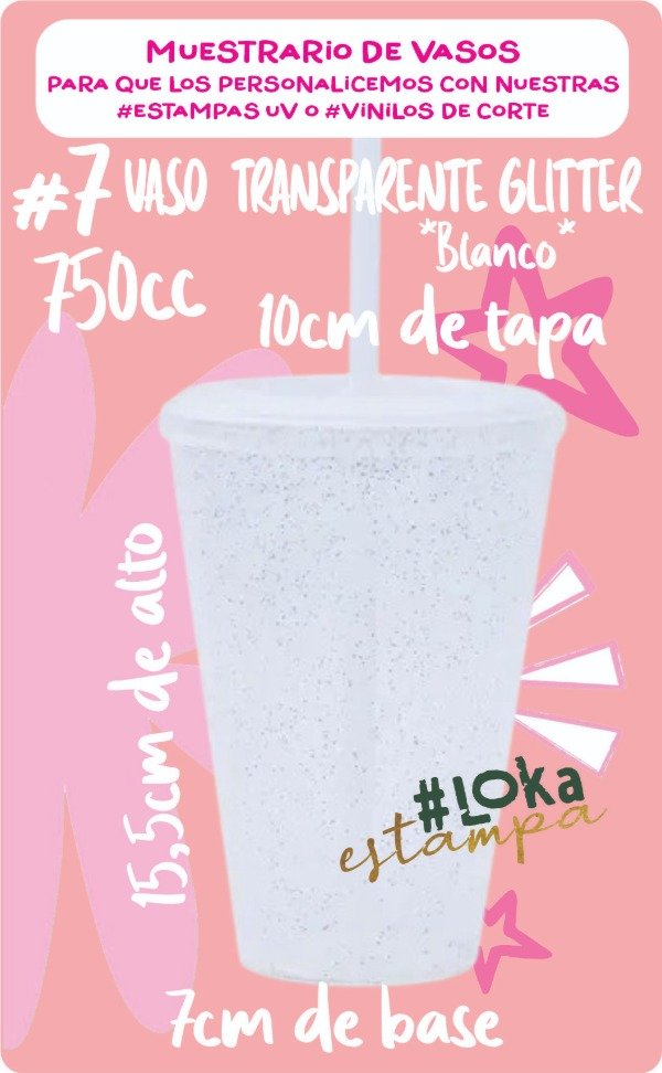 Producto - #7 Vaso Transparente Glitter 750cc Tapa Blanca