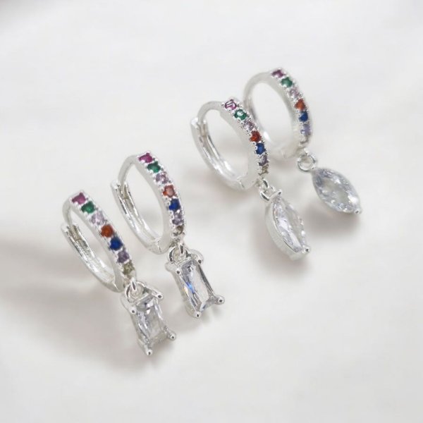 Producto - Aros acero blanco argollita strass color colgante gema forma plat