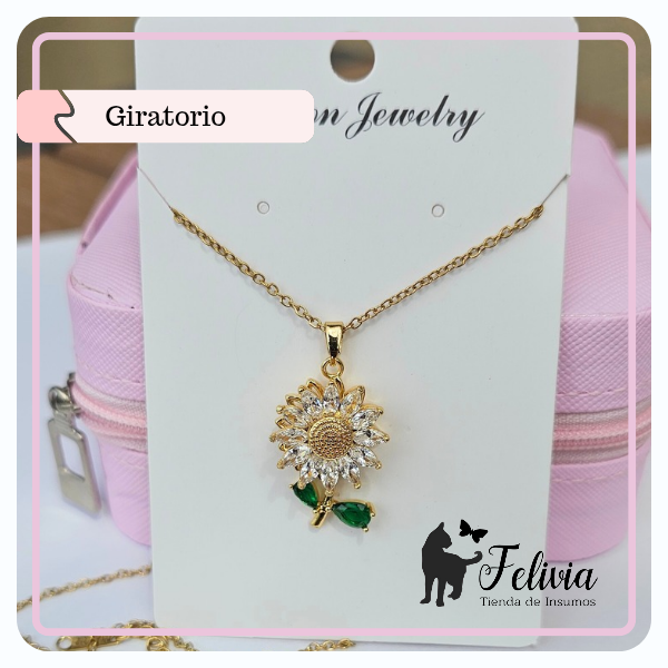 Producto - Collar Girasol con hojitas Giratorio acero dorado