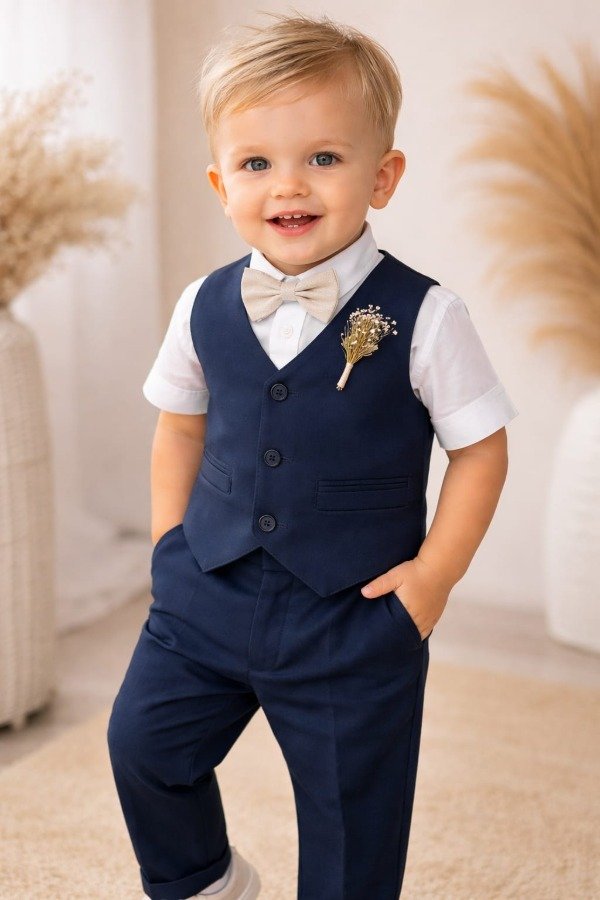 Producto - Traje de bebe chaleco y pantalon de gabardina color azul