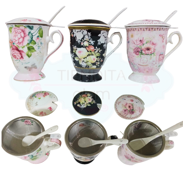 Producto - TAZA DE PORCELANA CON FILTRO Y CUCHARA FLORES ROSAS CLASSIC LADY 300 ML - 4