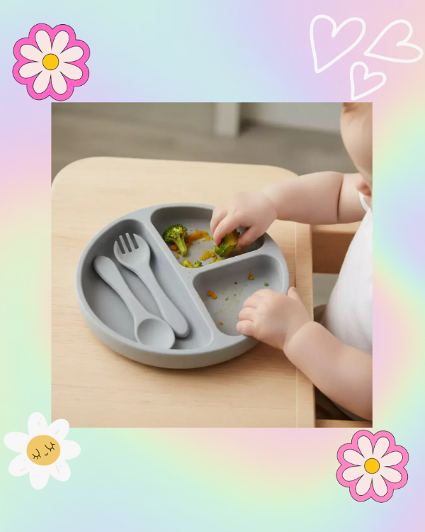 Producto - Set Plato de Silicona con Divisiones y Sopapa + Cubiertos