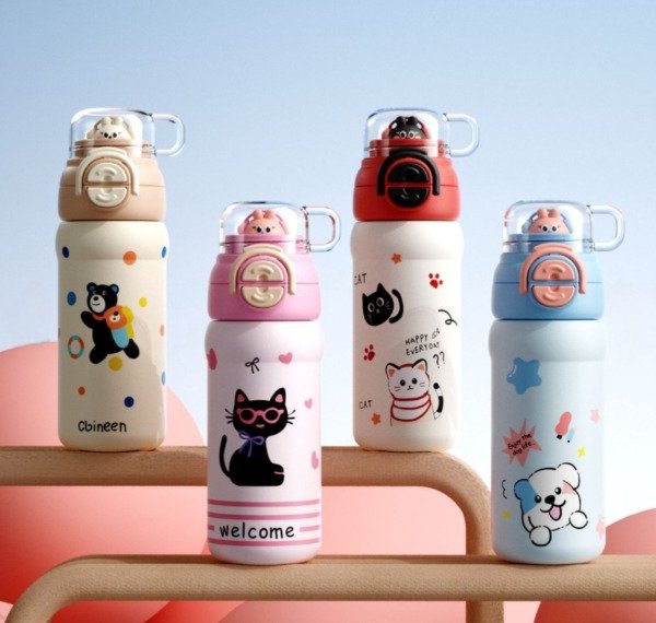 Producto - Botella de acero inoxidable con doble pico y taza happy cat