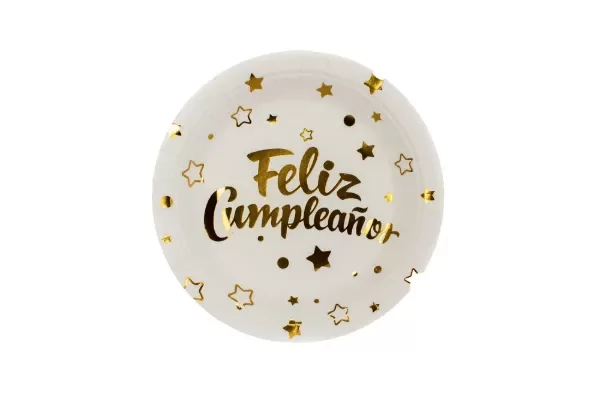 Producto - Plato metalizado impreso FELIZ CUMPLE x10un color blanco letra dorada
