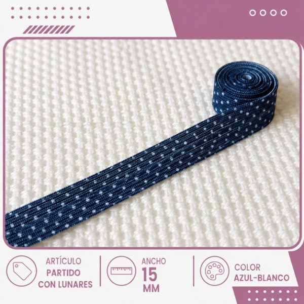 Producto - Elástico partido lunares azul-blanco 15mm (por metro)