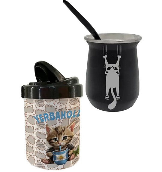Producto - Mate De Acero Pack Gatitos Grabado Y Bombilla + Yerbero
