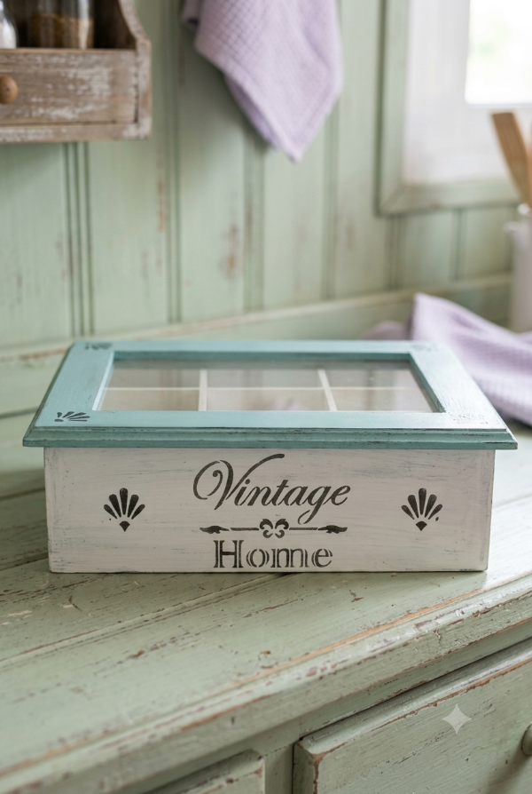 Producto - CAJA PARA TE CON TAPA DE VIDRIO "VINTAGE HOME" - 0