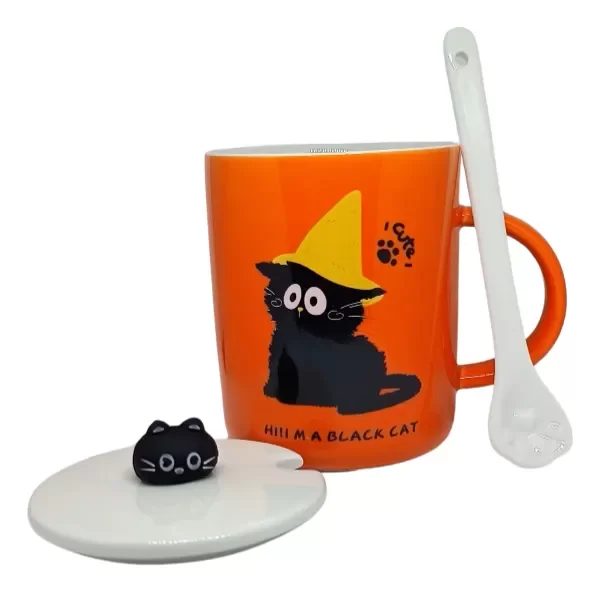 Producto - Set Taza De Gato Negro Con Tapa Y Cucharita De Patita