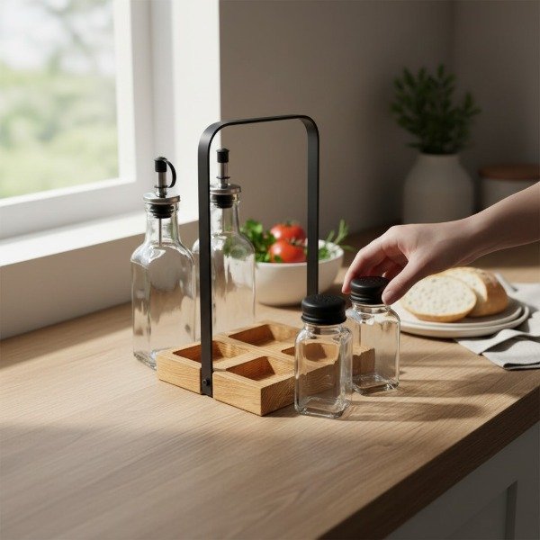Producto - SET DE ACEITERA MAS VINAGRERA MAS 2 ESPECIERO BASE DE MADERA Y METAL - 1