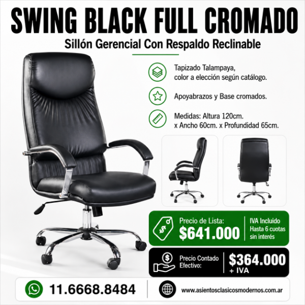 Producto - Sillón Gerencial SWING BLACK FULL, Brazos y Estrella Cromados!!