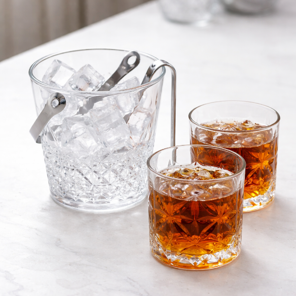 Producto - Set Bar de Vidrio Facetado Hielera + 2 Vasos