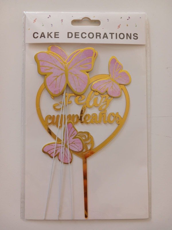 Producto - Cake Topper "FC" Corazón c/Mariposas + 4 Pinches Mariposa Rosa