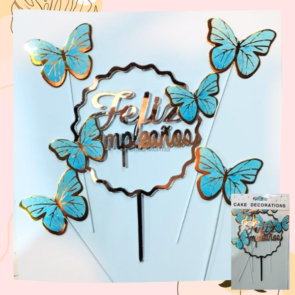 Producto - Topper Feliz cumpleaños con mariposas Celeste