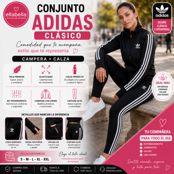 Producto - Conjunto Deportivo Adidas Clásico Campera + Calza Negra No Transparenta