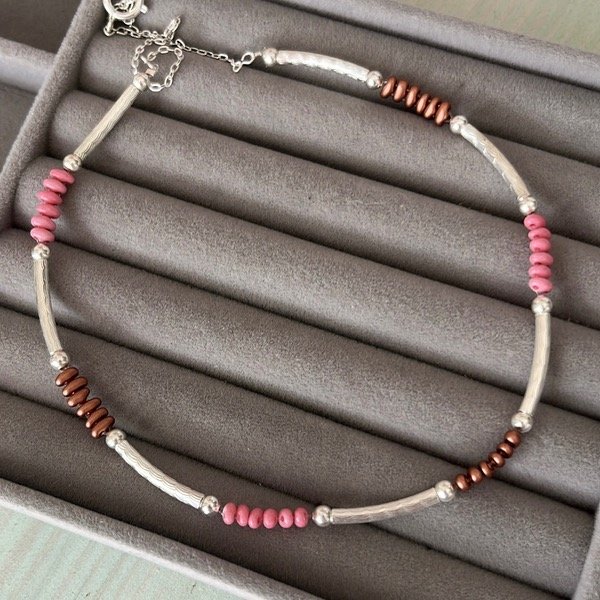 Producto - Gargantilla Mostacilla Checa y Plata 900 (rosa y ocre)