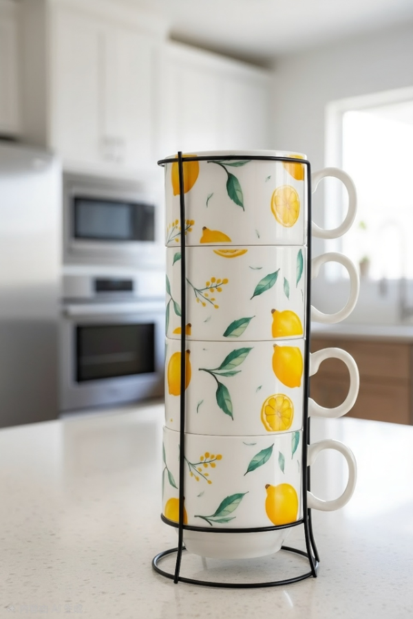 Producto - Set x4 Tazas Cerámica Limón con Organizador Metálico