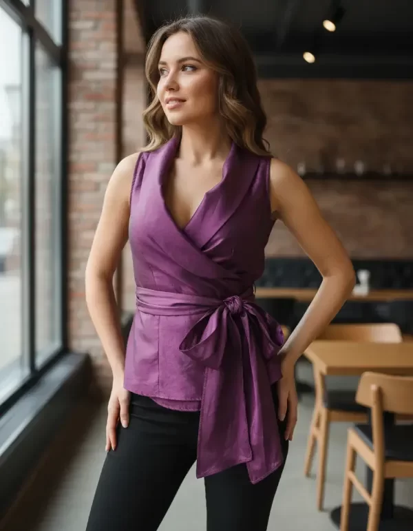 Producto - Blusa kimono chaleco cruzada de Tafetta con Moño - 5