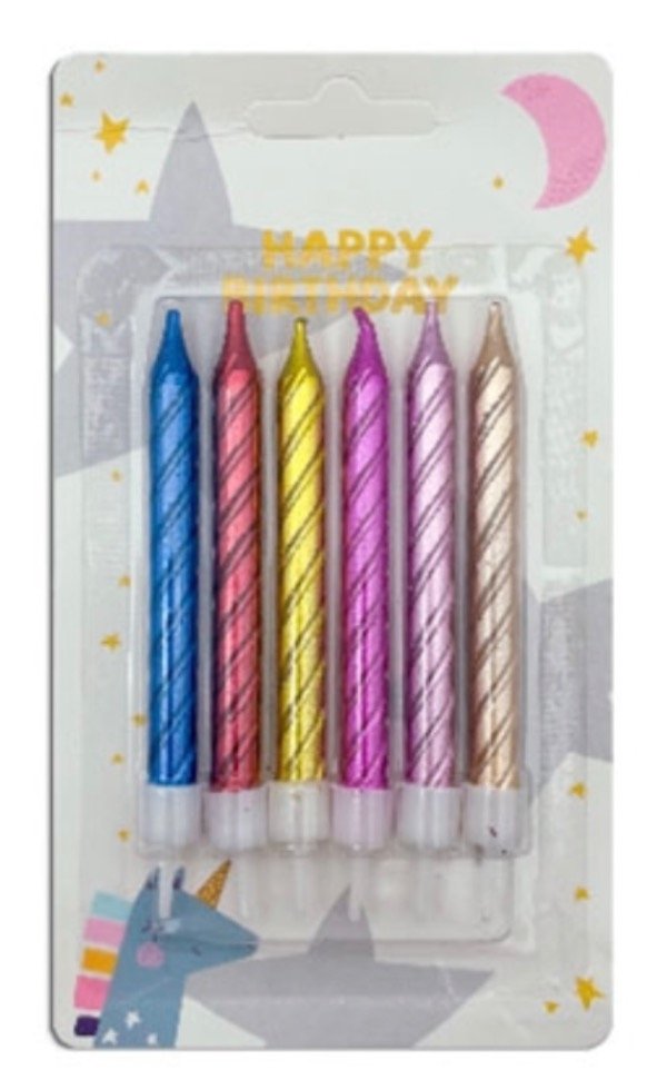 Producto - VELA TORNEADA METALIZADA MULTICOLOR 9 cm x 6 uni