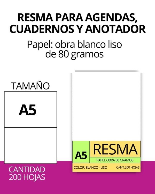 Producto - Resma A5, papel obra 80 gr. (200 hojas)
