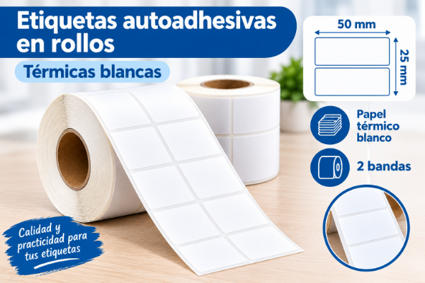 Producto - Rollos Etiquetas Autoadhesivas Térmicas Blancas - 50 x 25 mm x 3.600 unidades - 0