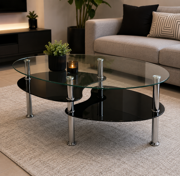 Producto - Mesa Ratona Ovalada Con Doble Estante Y Vidrio