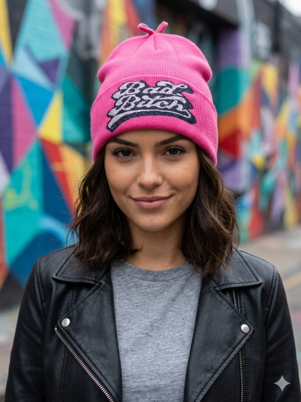 Producto - Gorro tipo tejido, rosa con diseño brilloso