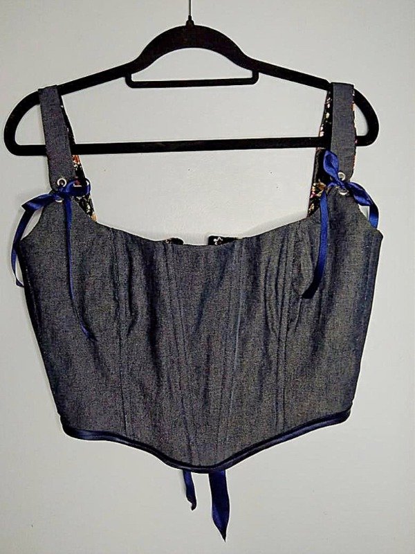 Producto - Corset Reversible en terciopelo flores y denim azul oscuro, Talle M (42/44)