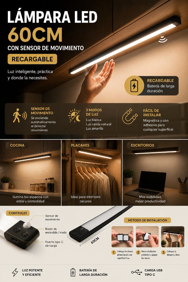 Producto - LAMPARA LED 60CM CON SENSOR DE MOVIMIENTO- RECARGABLE