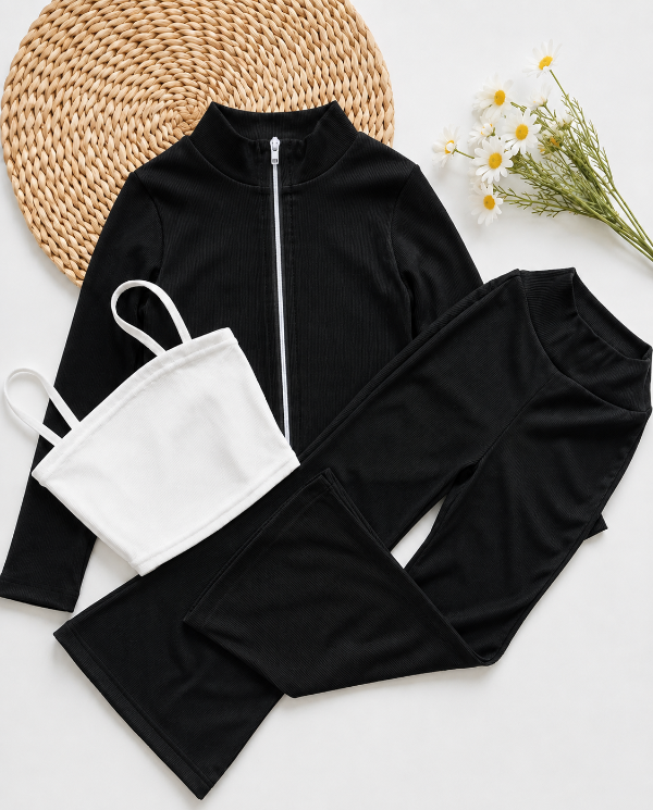 Producto - TRÍO CHANTAL NEGRO (CAMPERA + TOP + PANTALÓN OXFORD)