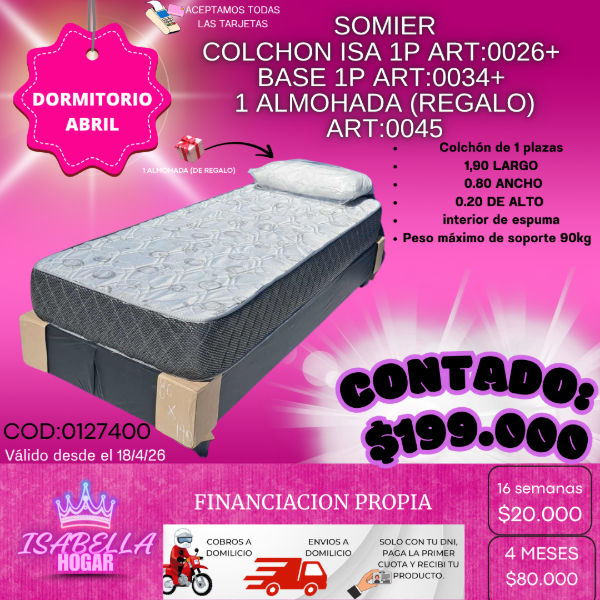 Producto - SOMIER COLCHON ISA 1P + BASE 1P + 1 ALMOHADA (REGALO) COD:0127400