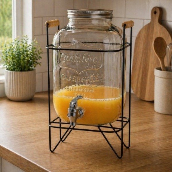 Producto - DISPENSER DE JUGO AGUA CUADRADO DE VIDRIO FRASCO CON BASE METALICA 4 LTS - 5