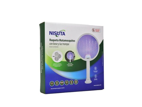 Producto - Raqueta matamosquitos rotatoria con base y luz trampa UV de 3 luces