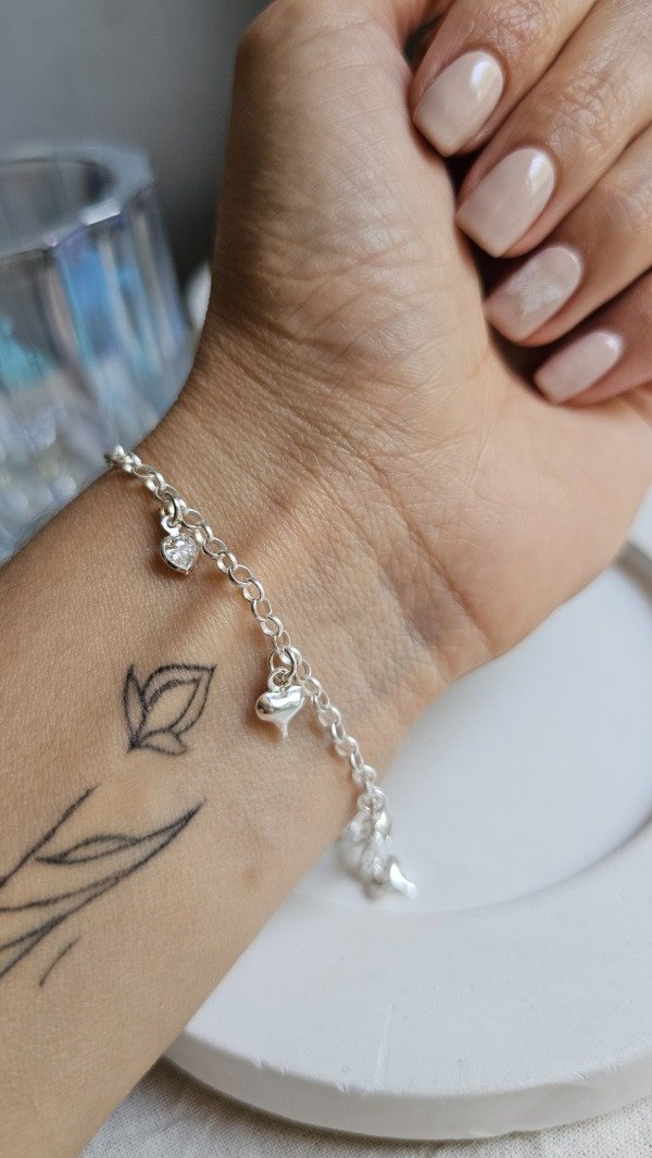 Producto - Pulsera rolo con corazones cubic y lisos 22cm. Plata