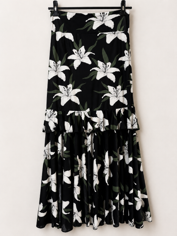 Producto - Falda seda fría forrada negro flores blanco M/L