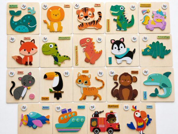 Producto - Rompecabezas/encastre de dinos, animales y vehículos de madera (15 x 15 cm) - 0