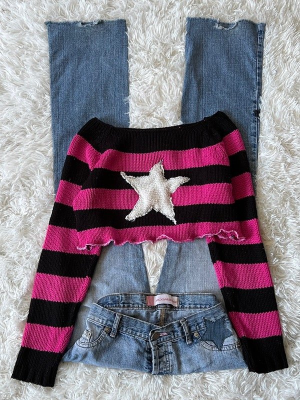 Sweater cropped stripey grunge star s/m