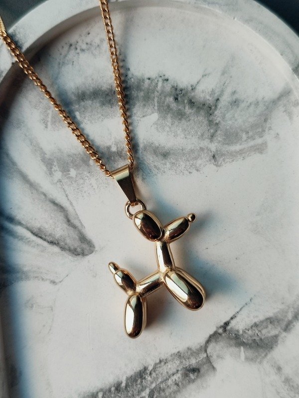 Producto - Cadena Larga Grumet 60 cm + Dije Perrito Globo / Acero Quirúrgico Dorado