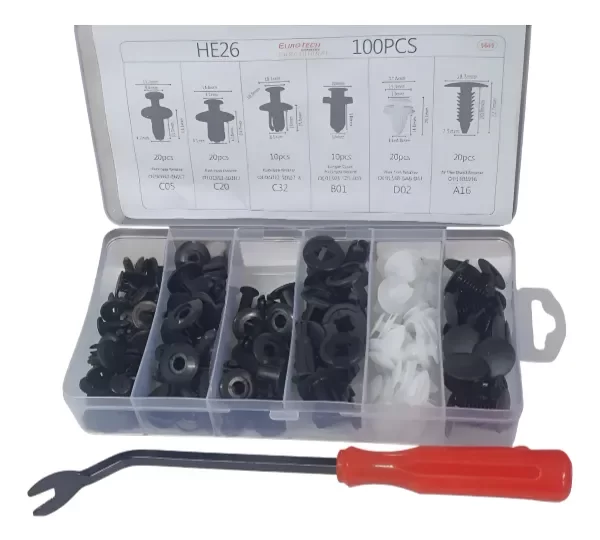 Producto - Surtido 100 Remaches Clips Retención + Saca Clip Eurotech Negro