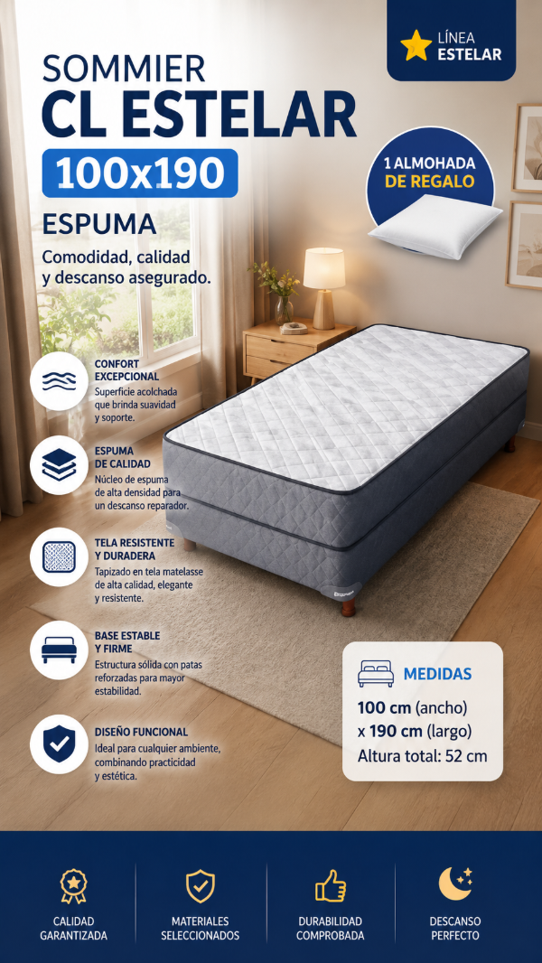 Producto - SOMMIER CL ESTELAR  100x190 ESPUMA + 1 ALMOHADAS DE REGALO