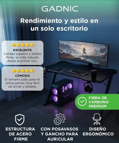 Producto - Escritorio Gamer Fibra De Carbono 110X60X74 Tablero 15 Mm Patas Acero - 1