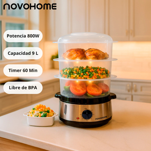 Producto - Vaporera -3 recipientes -9 ltrs -800 W -temporizador -Novohome (NH-VP300) - 0