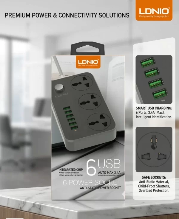 Producto - Zapatilla 2500W 3 Tomas Universales y 6 puertos usb
