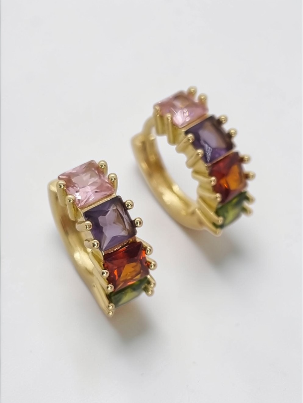 Producto - Aros acero dorado argollita ancho 4strass rect plat/color