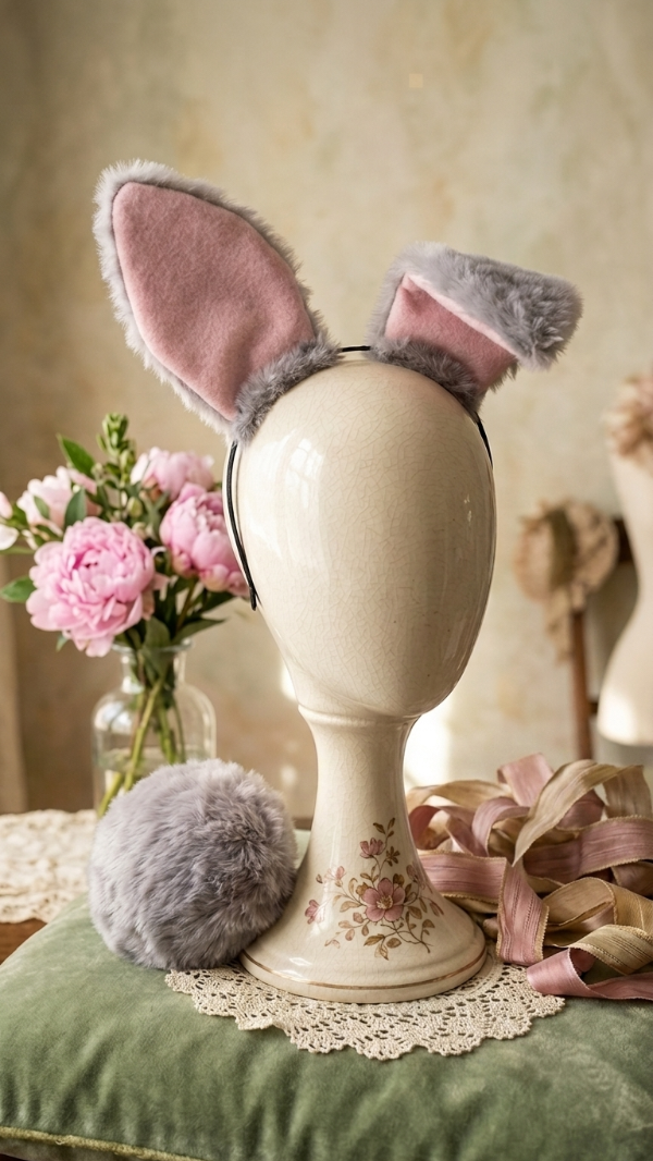 Producto - conjunto de conejo gris : vincha+ pompon