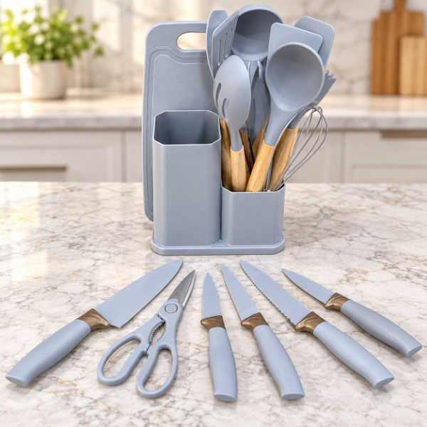 Producto - SET DE 19 UTENSILIOS DE COCINA CON SOPORTE PARA CUCHILLOS TABLA Y TIJERA 30CM - 3