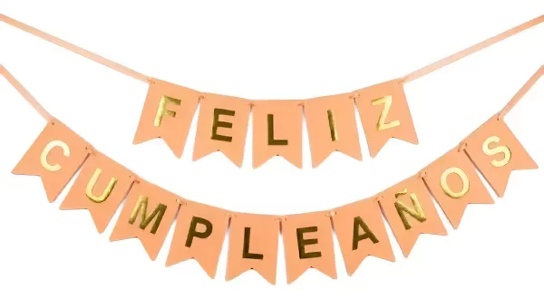 Producto - Cartel Naranja Claro/Salmón Banderín  Guirnalda Feliz Cumpleaños Letras Doradas
