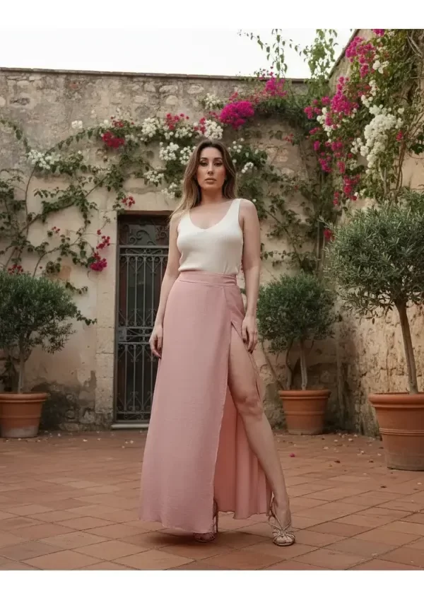 Producto - Pollera Larga Rosa Palo con tajo de saten con tenue brillo ideal dia - 1